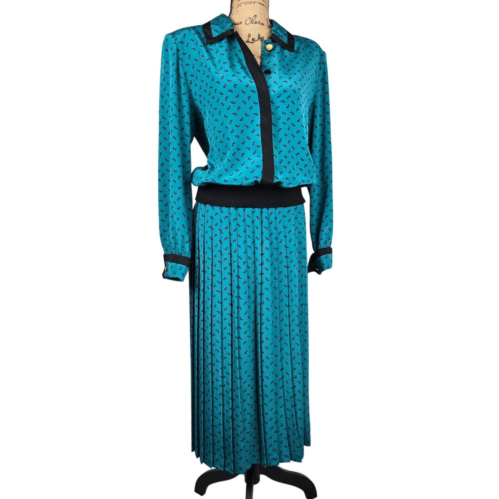 Vintage 80s Andrea Gayle Teal Paisley Pleated Skirt Set‎ Blouse 2pc Suit Size 12